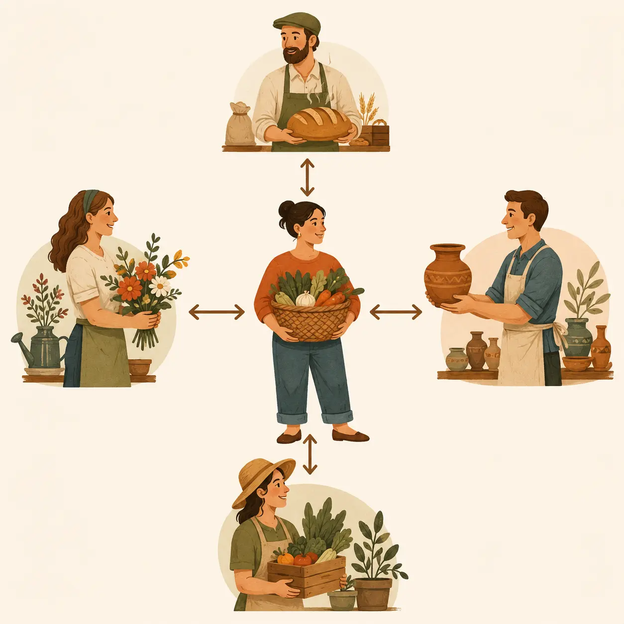 Illustration of a barter network with people exchanging goods and services.